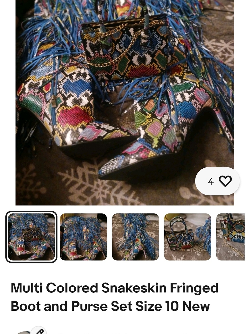 Multi-Colored Snakeskin Fringe Women’s Boot and Bag Blue Accent Size 10